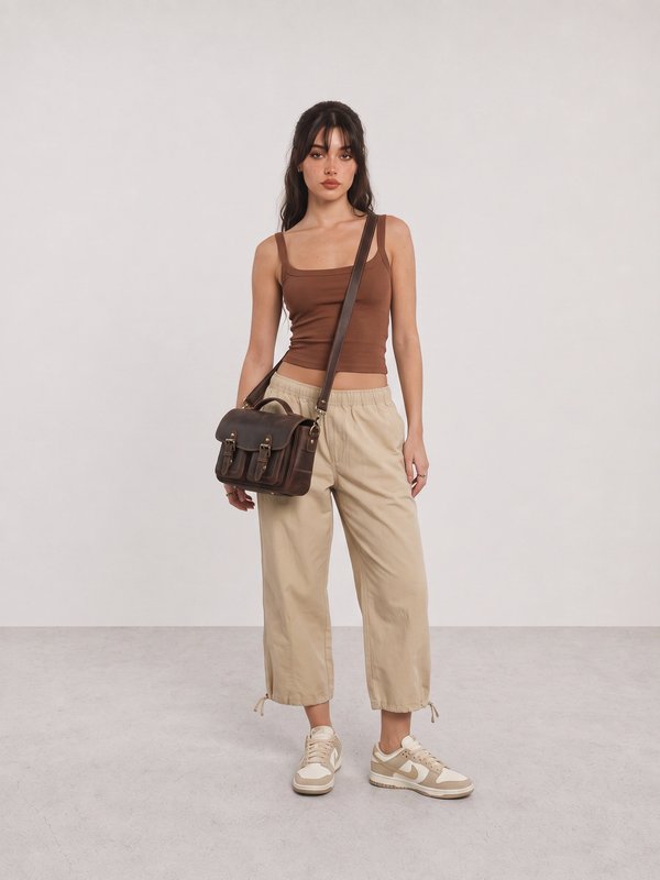 Brown Tank and Beige Cargo Pants Travel Outfit