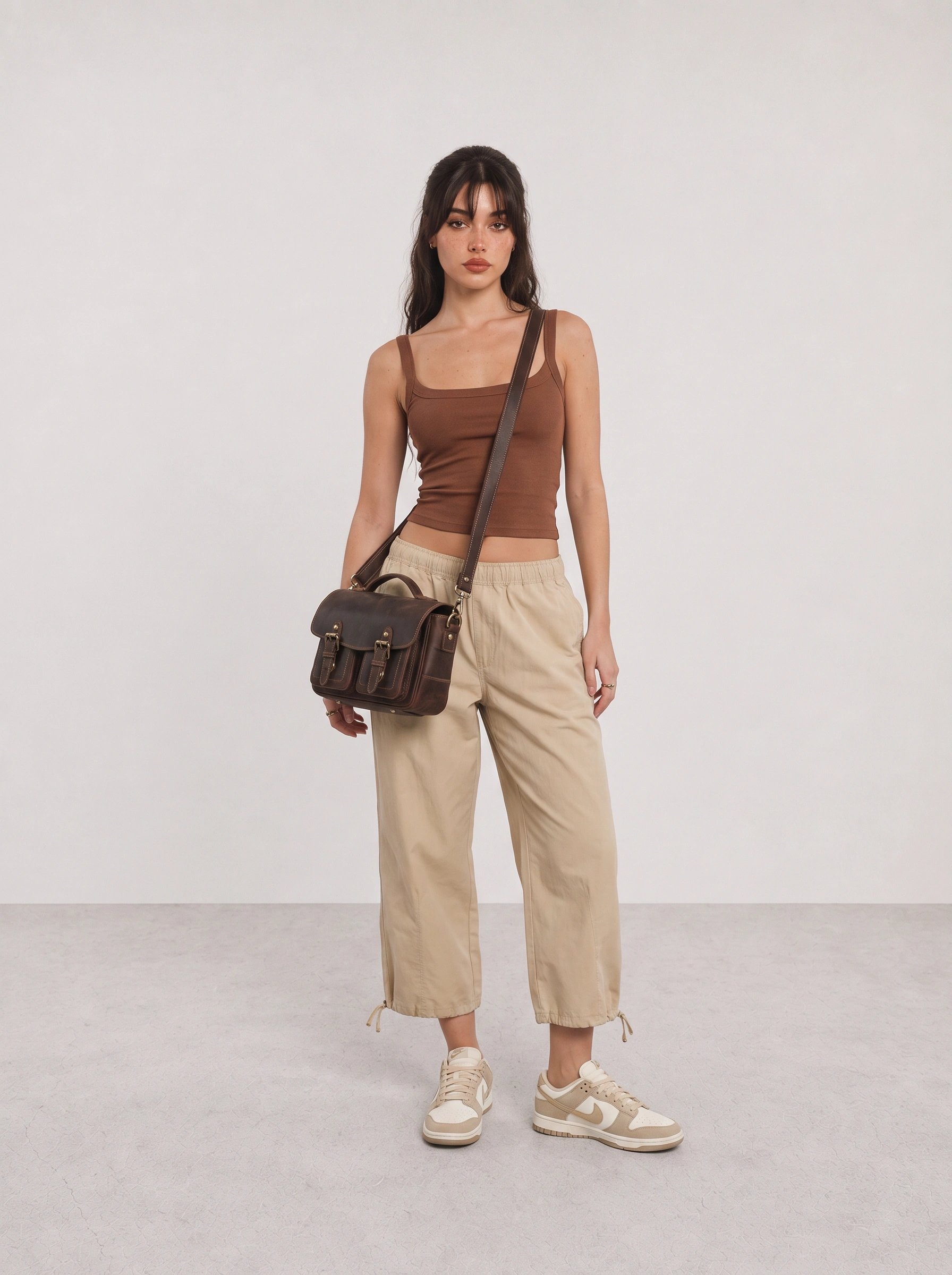 Brown Tank and Beige Cargo Pants Travel Outfit