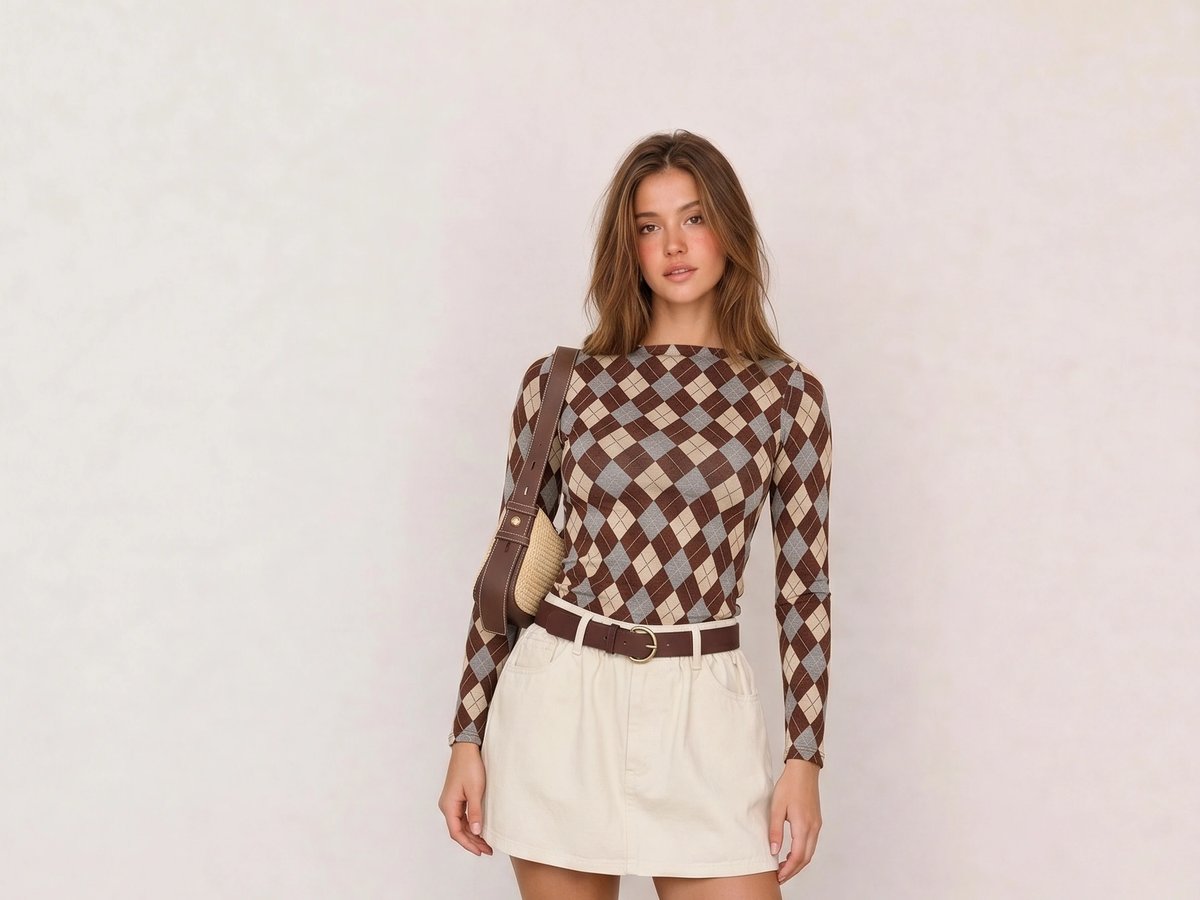 Argyle-Pullover & Cremefarbener Minirock