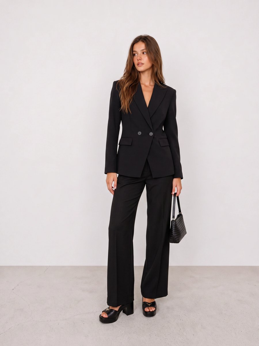 Woman wearing a black double-breasted suit with black platform heels and a black woven bag