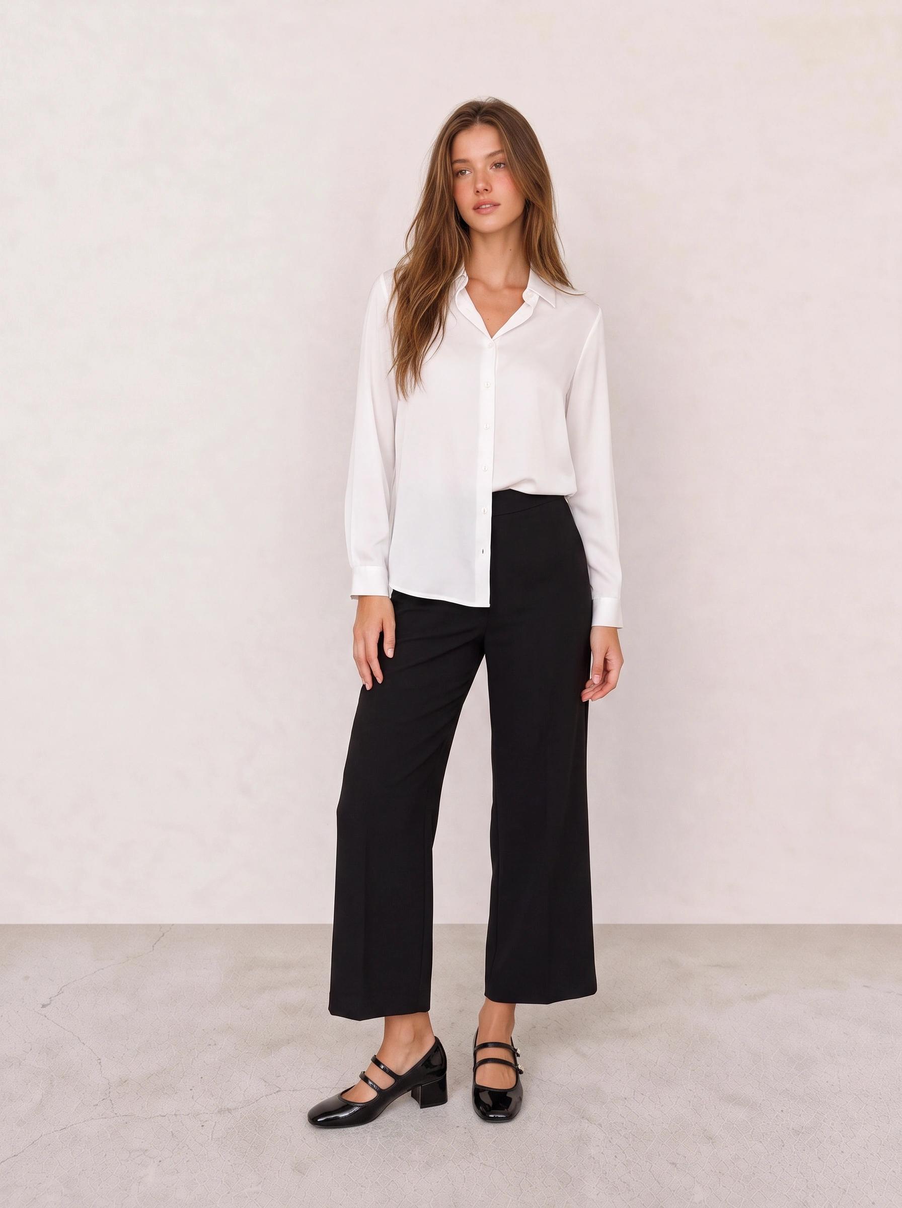 Ivory Satin Button-Down Blouse & Black Cropped Wide-Leg Trousers