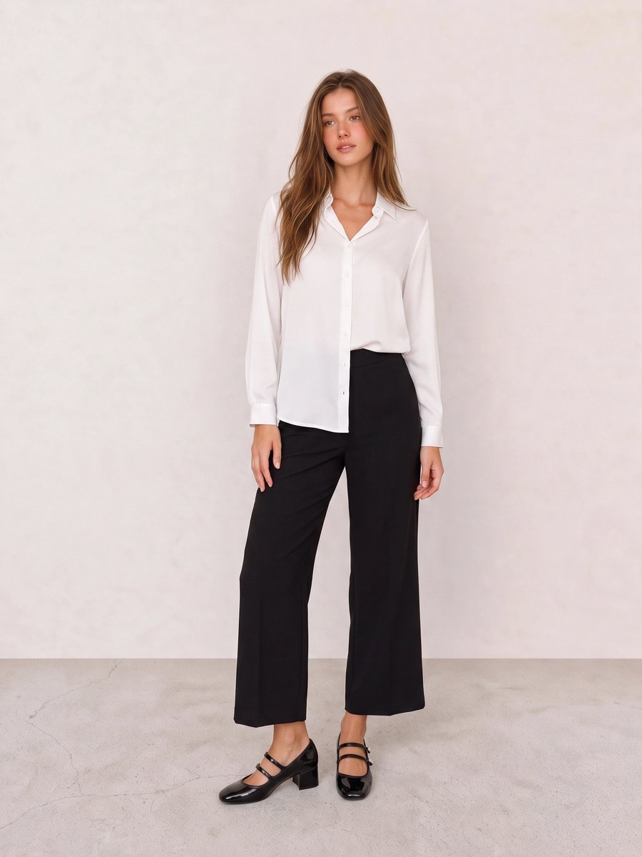 Old money look with ivory satin button-down blouse & black cropped wide-leg trousers and black strappy mary jane pumps