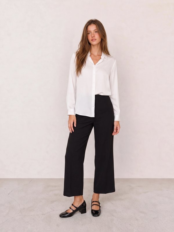 Ivory Satin Button-Down Blouse & Black Cropped Wide-Leg Trousers