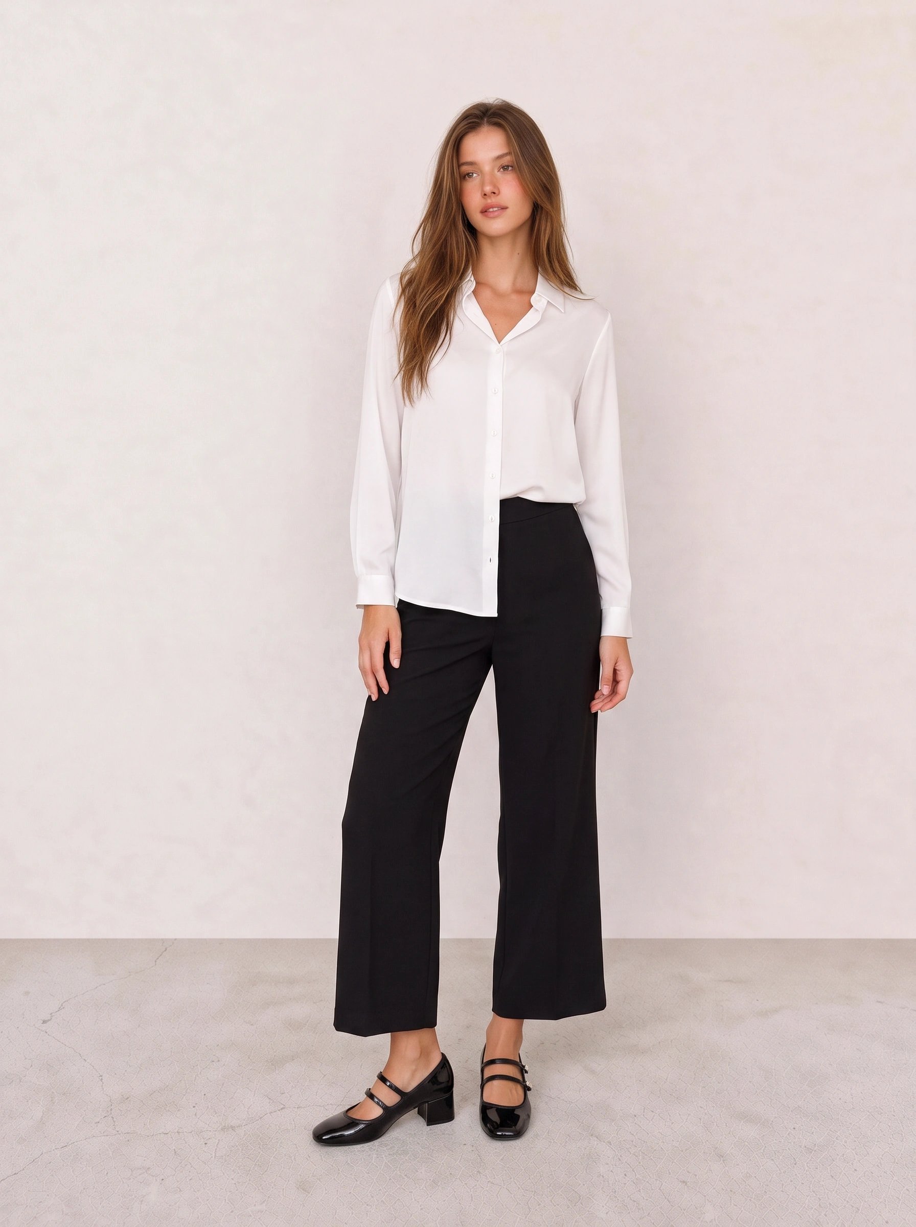 Ivory Satin Button-Down Blouse & Black Cropped Wide-Leg Trousers