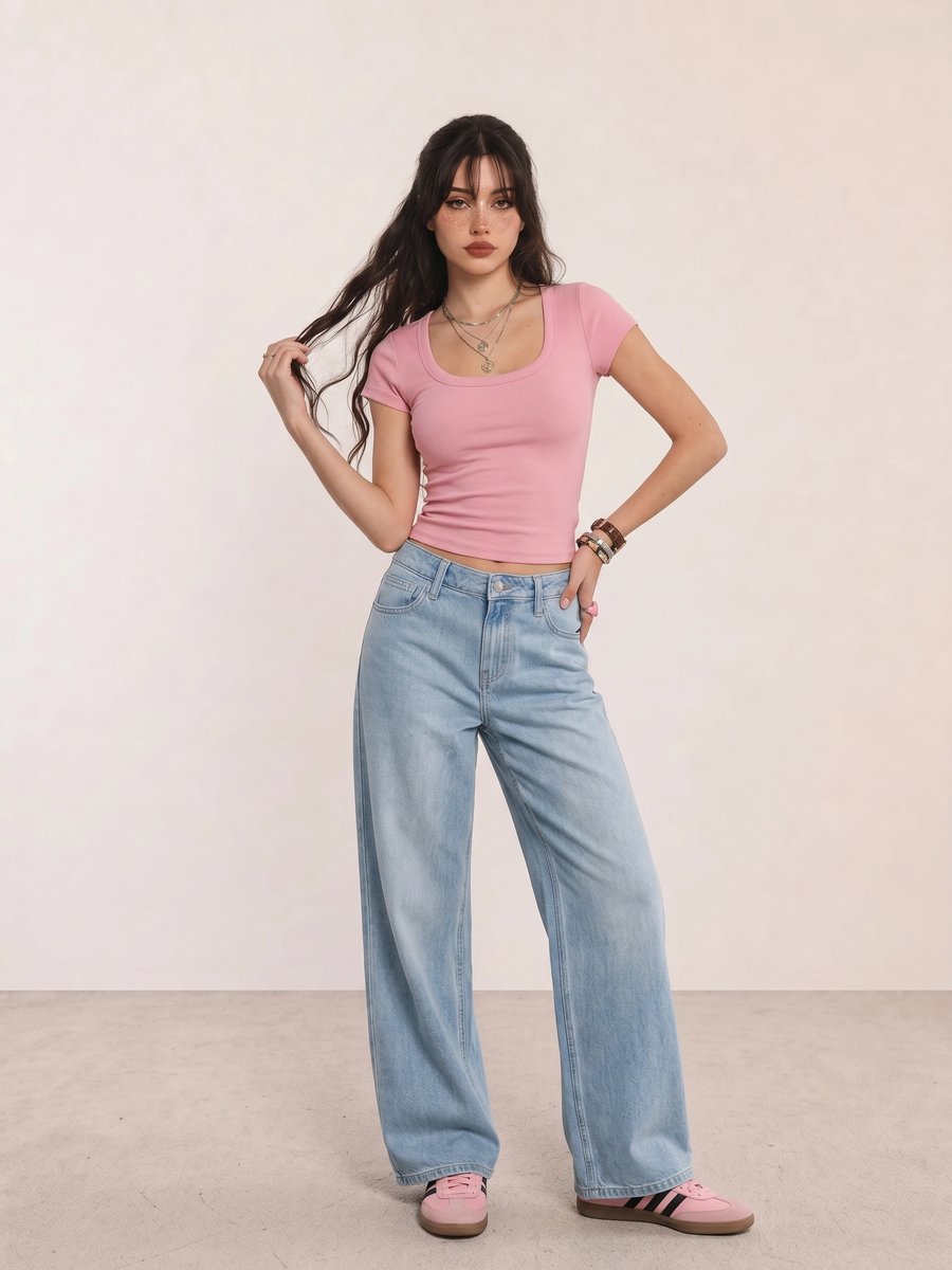 Clean girl outfit with a pink scoop-neck tee, wide-leg jeans, and pink Adidas Samba sneakers