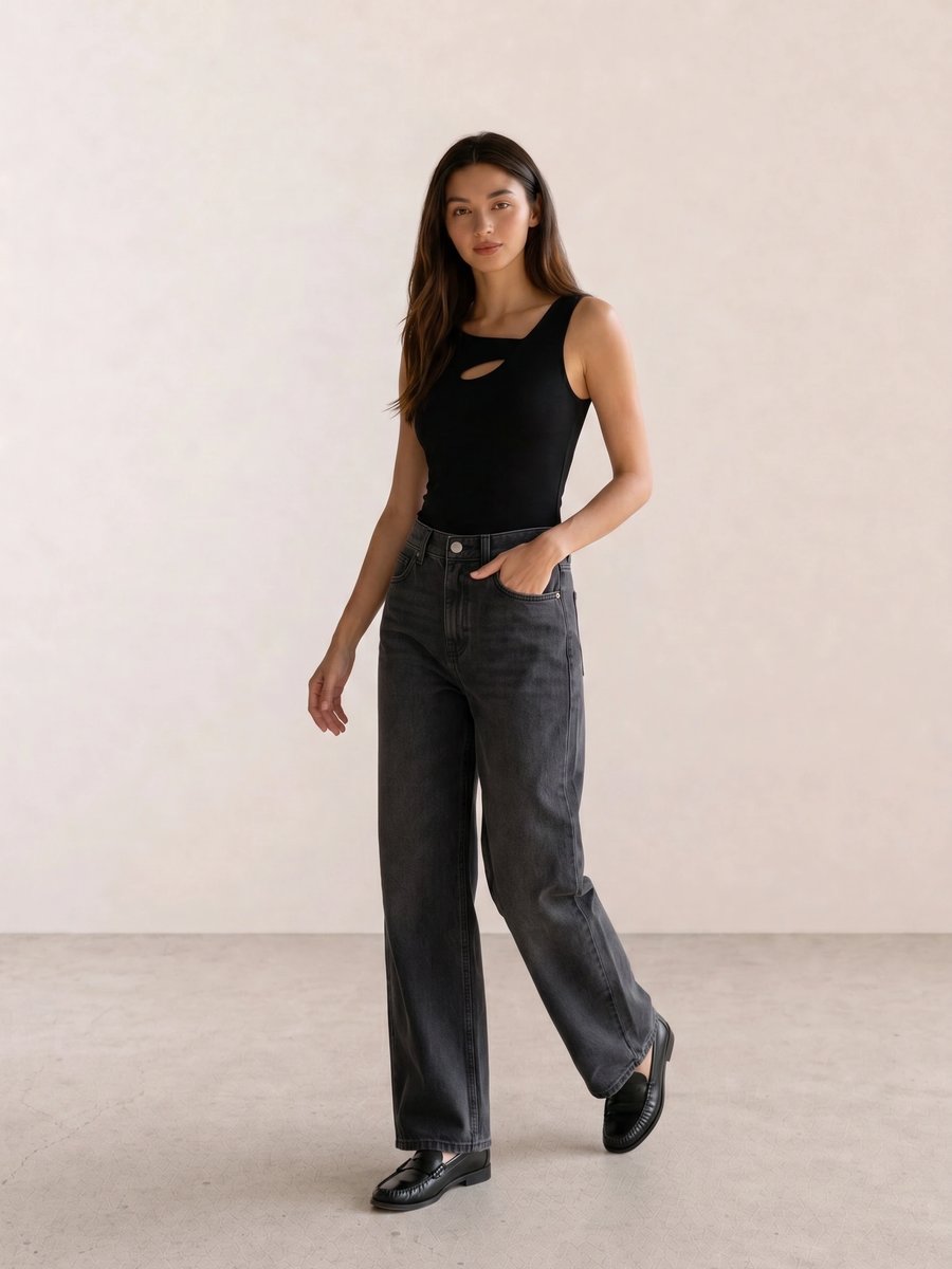 Black outfit with an asymmetric cutout tank, washed black barrel jeans, and patent ballet flats
