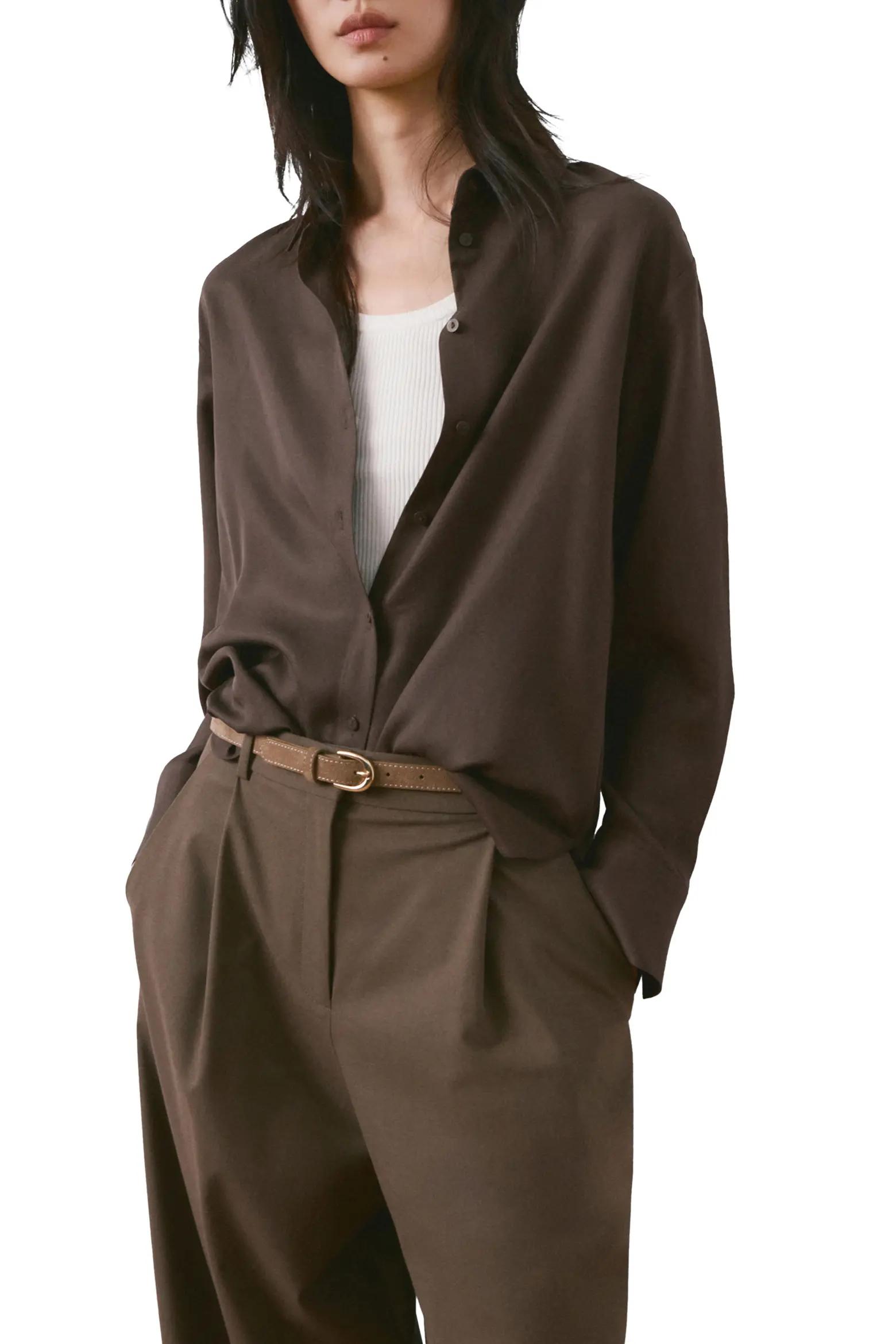 Brown Satin Button-Down Shirt