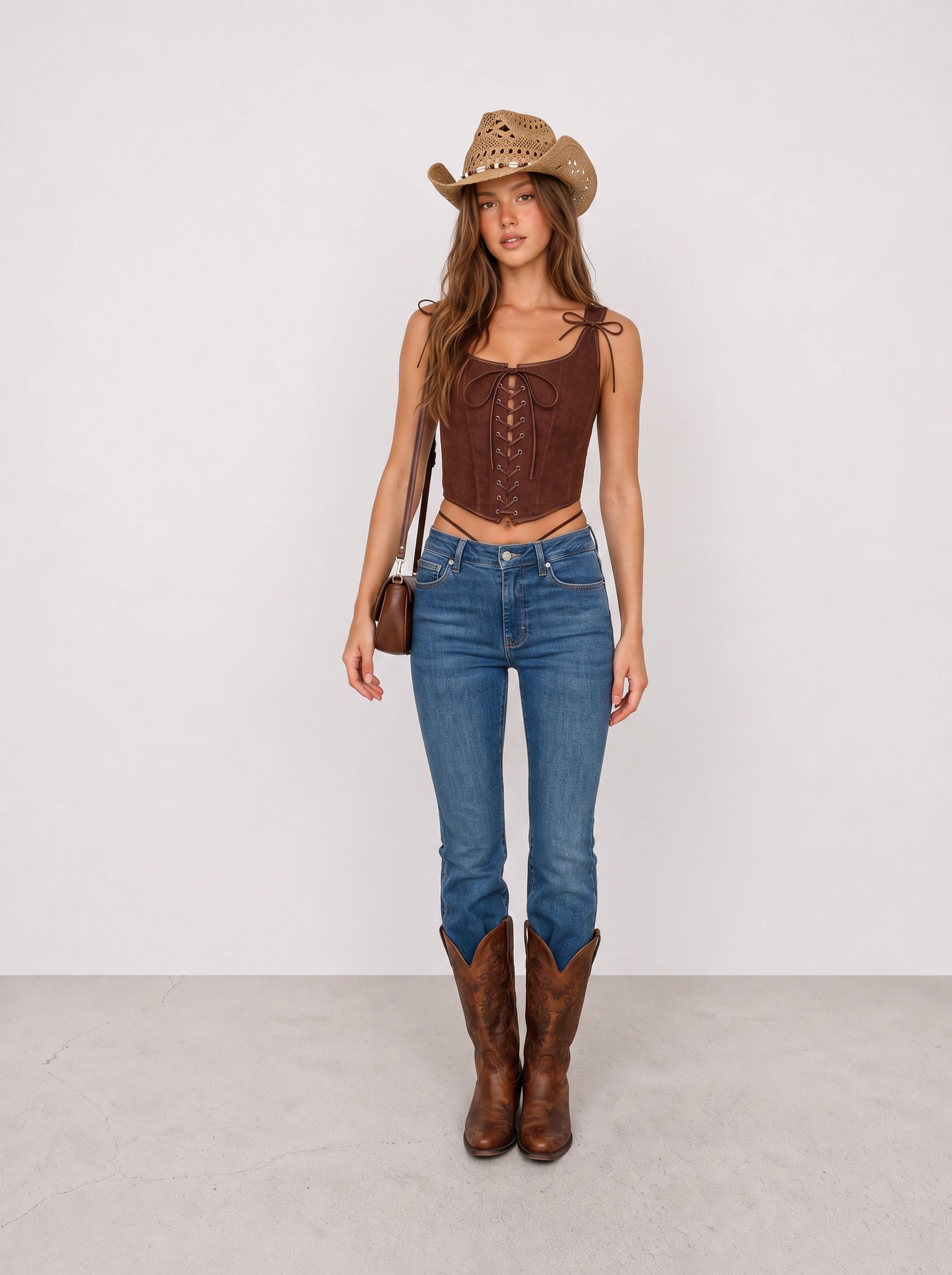 Brown Corset and Blue Flared Jeans Cowgirl Outfit