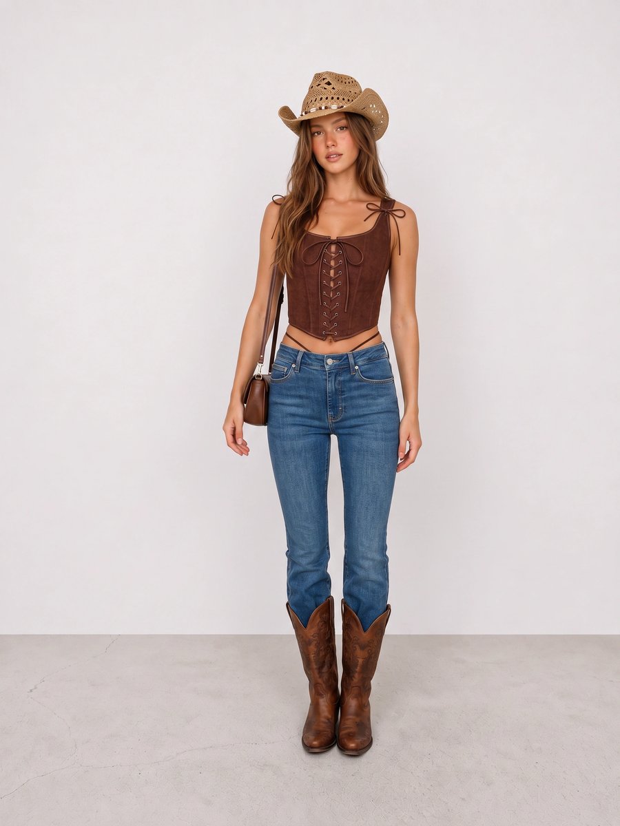 Woman wearing a brown corset, blue flared jeans, and a cowboy hat