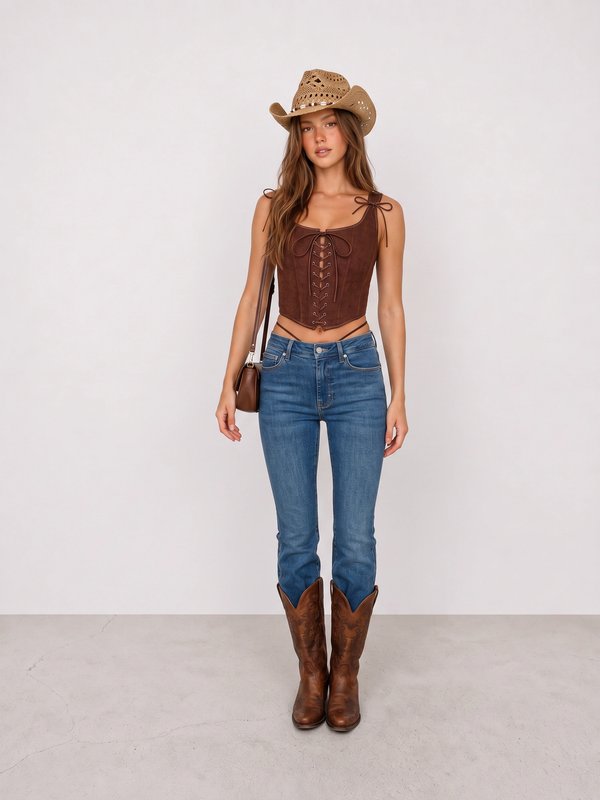 Brown Corset and Blue Flared Jeans Cowgirl Outfit