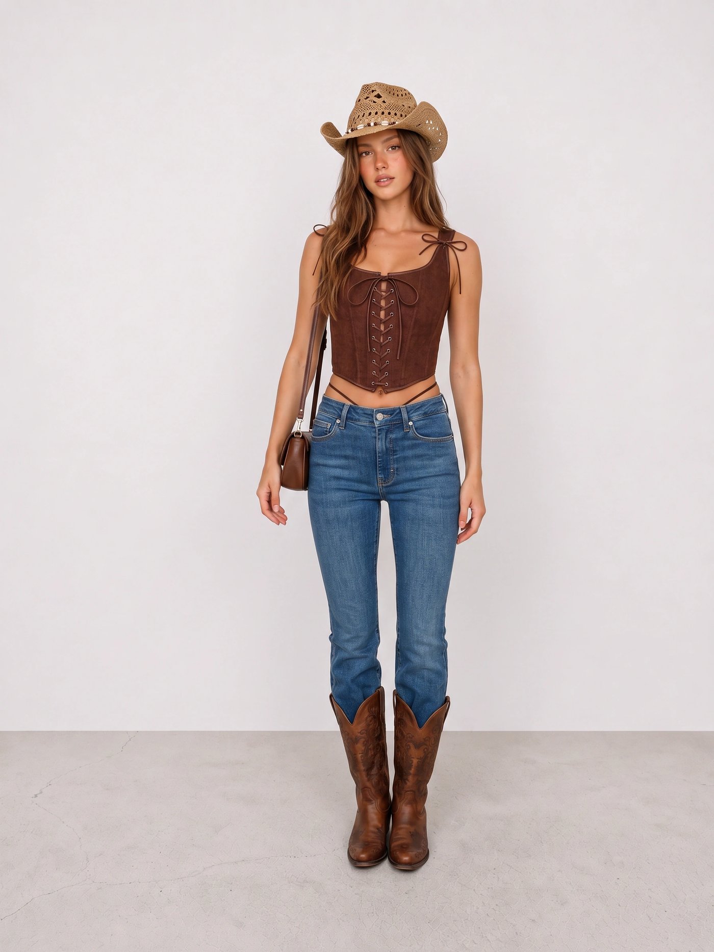 Brown Corset and Blue Flared Jeans Cowgirl Outfit