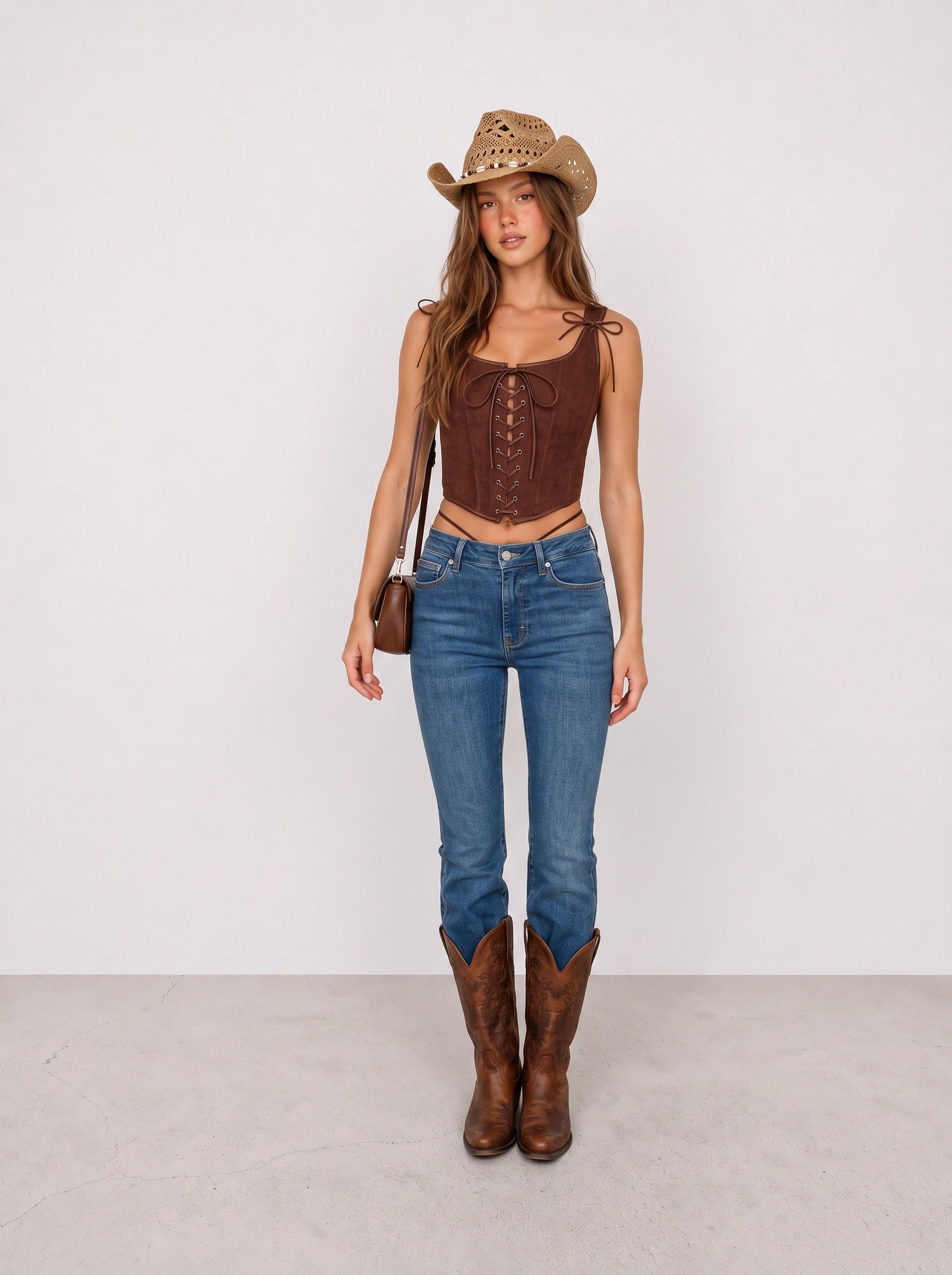 Brown Corset and Blue Flared Jeans Cowgirl Outfit