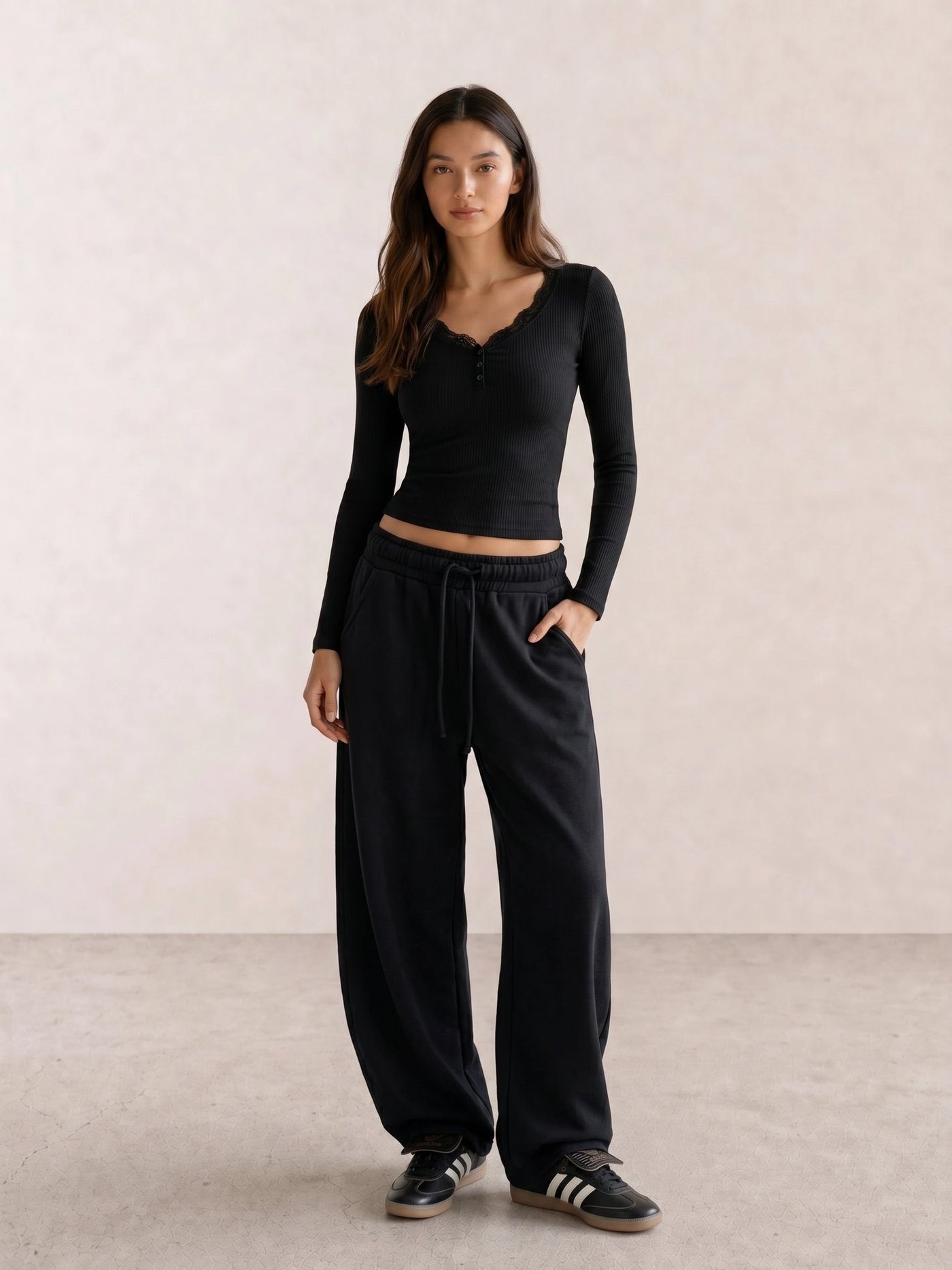 Lace-Trim Henley & Barrel-Leg Sweatpants with Sambas