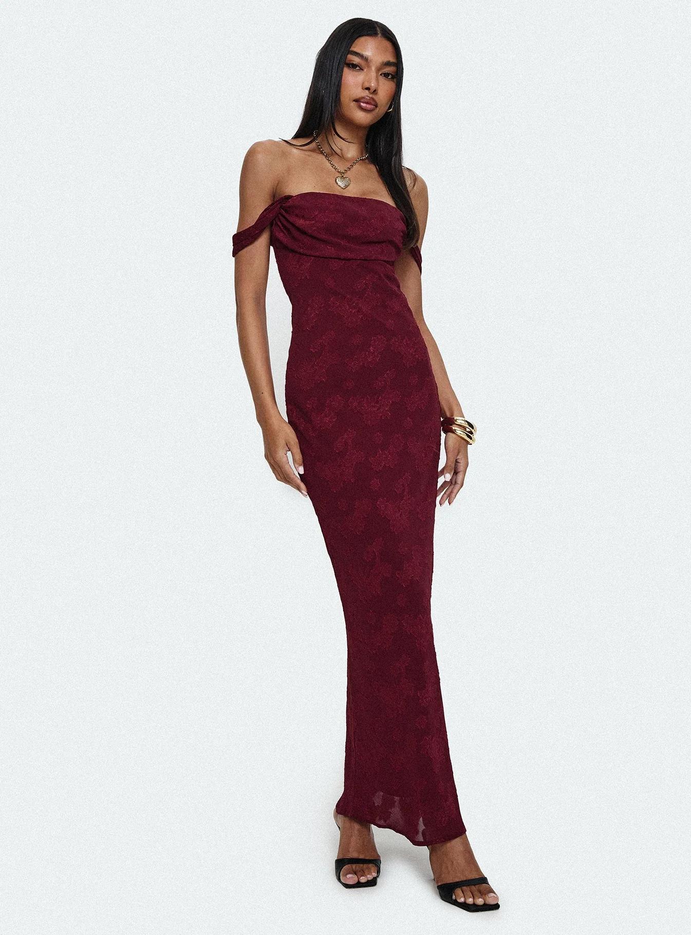 Burgundy Off-Shoulder Floral Maxi Dress