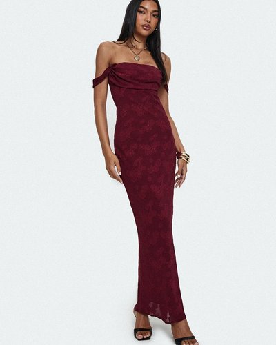 Burgundy Off-Shoulder Floral Maxi Dress