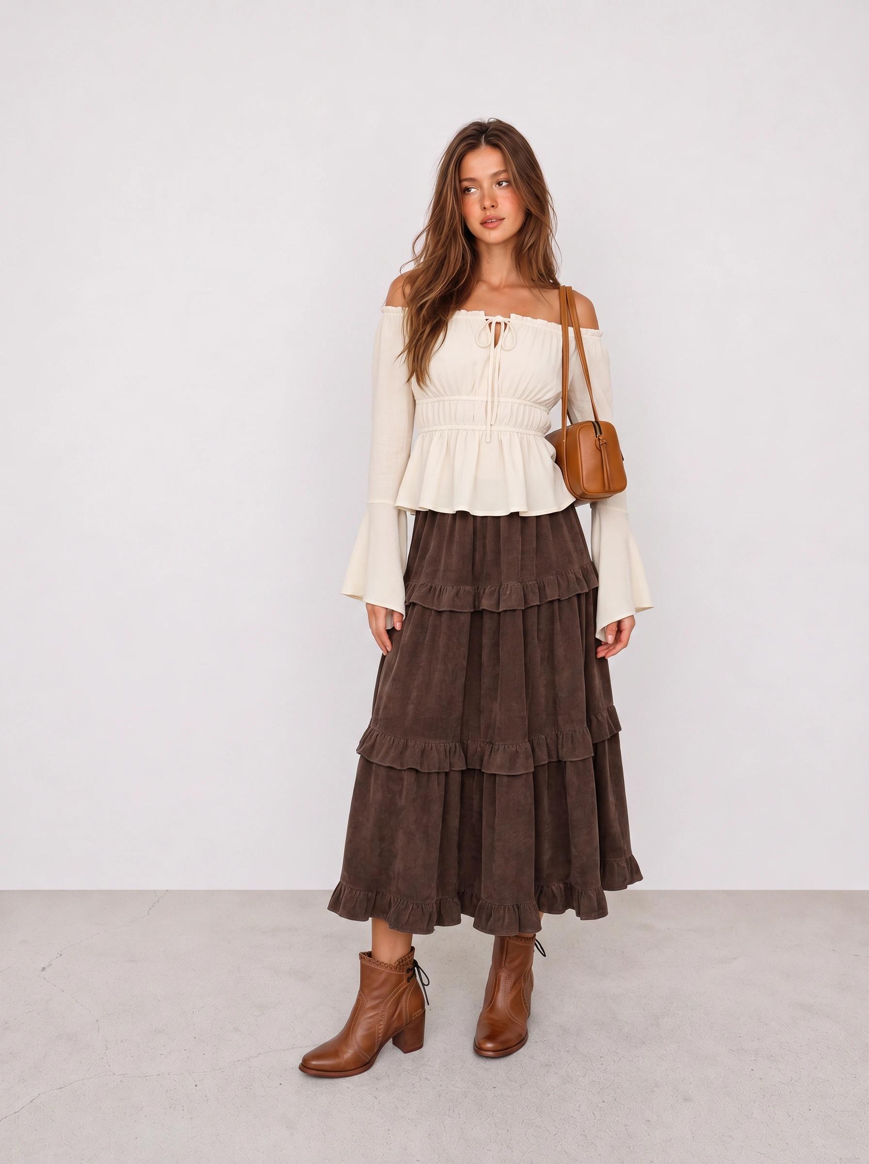 Cream Blouse and Brown Tiered Skirt Western Outfit