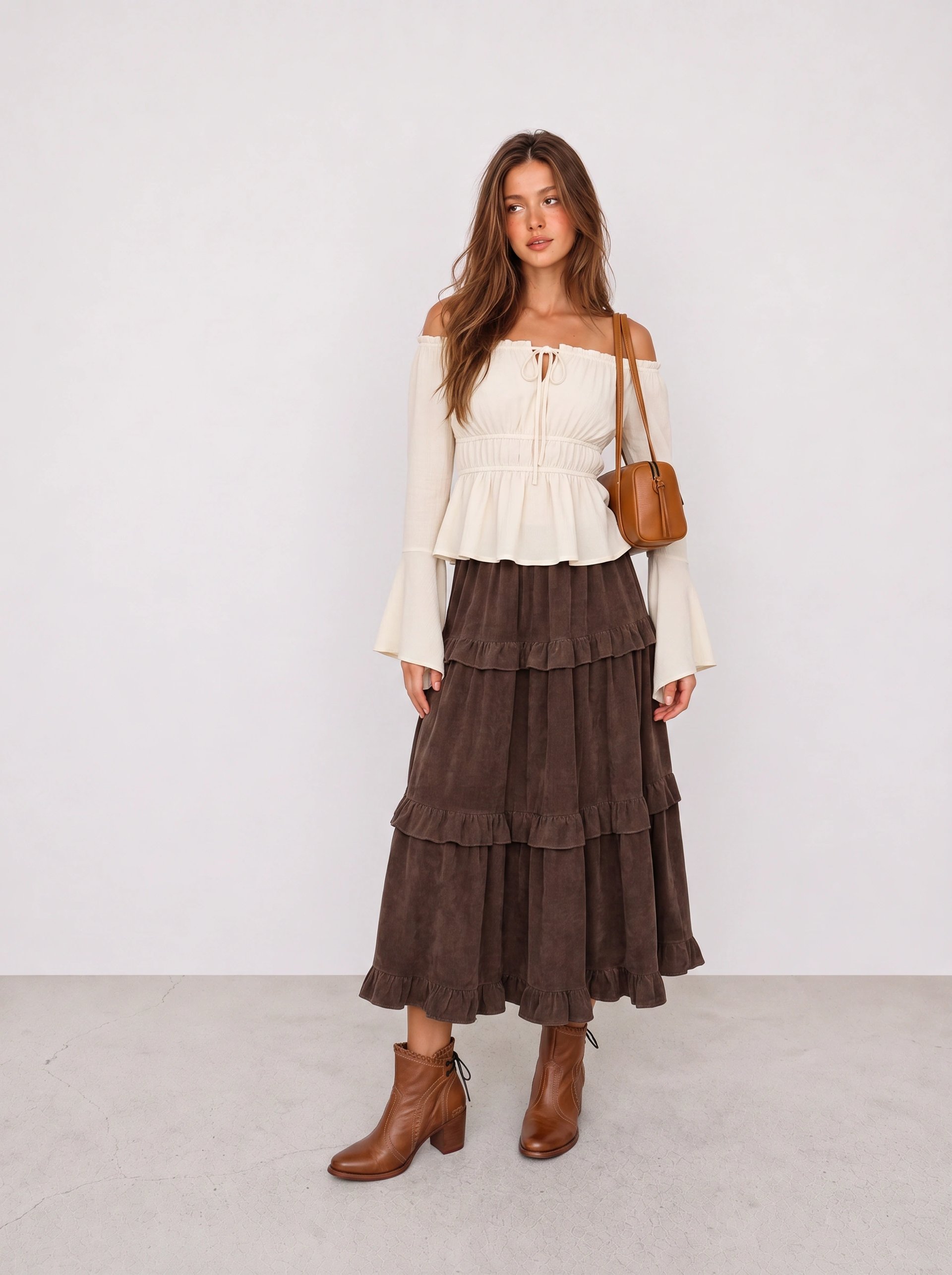 Cream Blouse and Brown Tiered Skirt Western Outfit