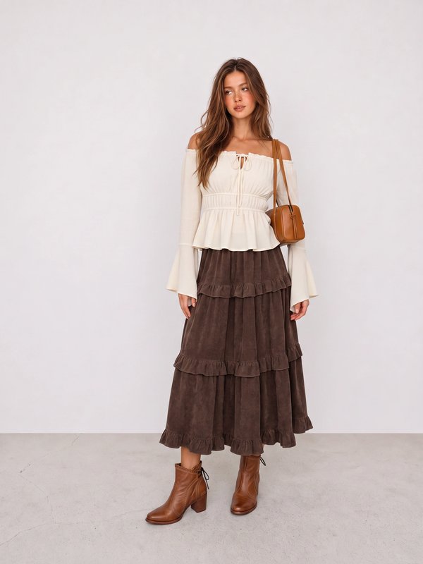 Cream Blouse and Brown Tiered Skirt Western Outfit