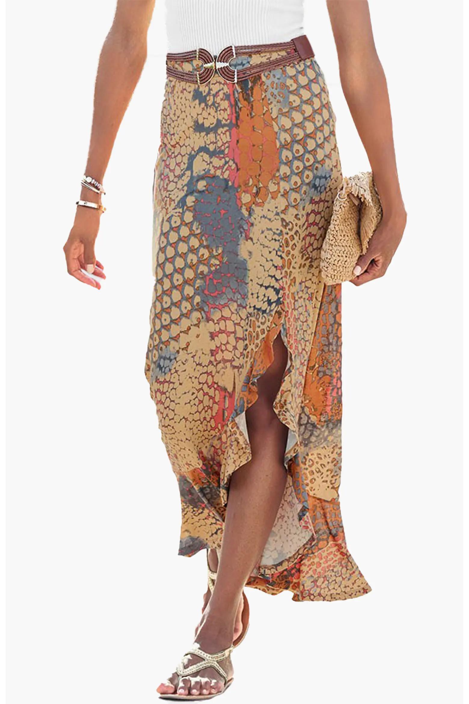 Batik Print Ruffle Midi Skirt
