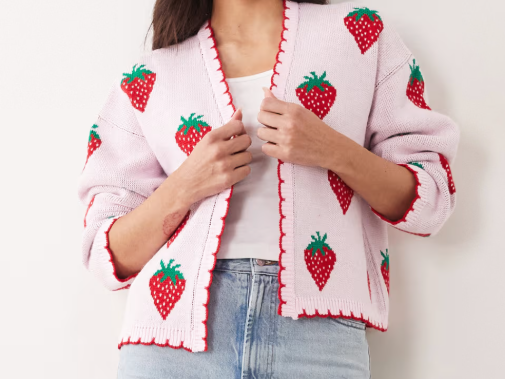 Pink Strawberry Print Knit Cardigan