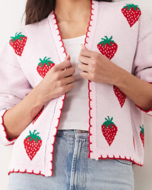 Pink Strawberry Print Knit Cardigan