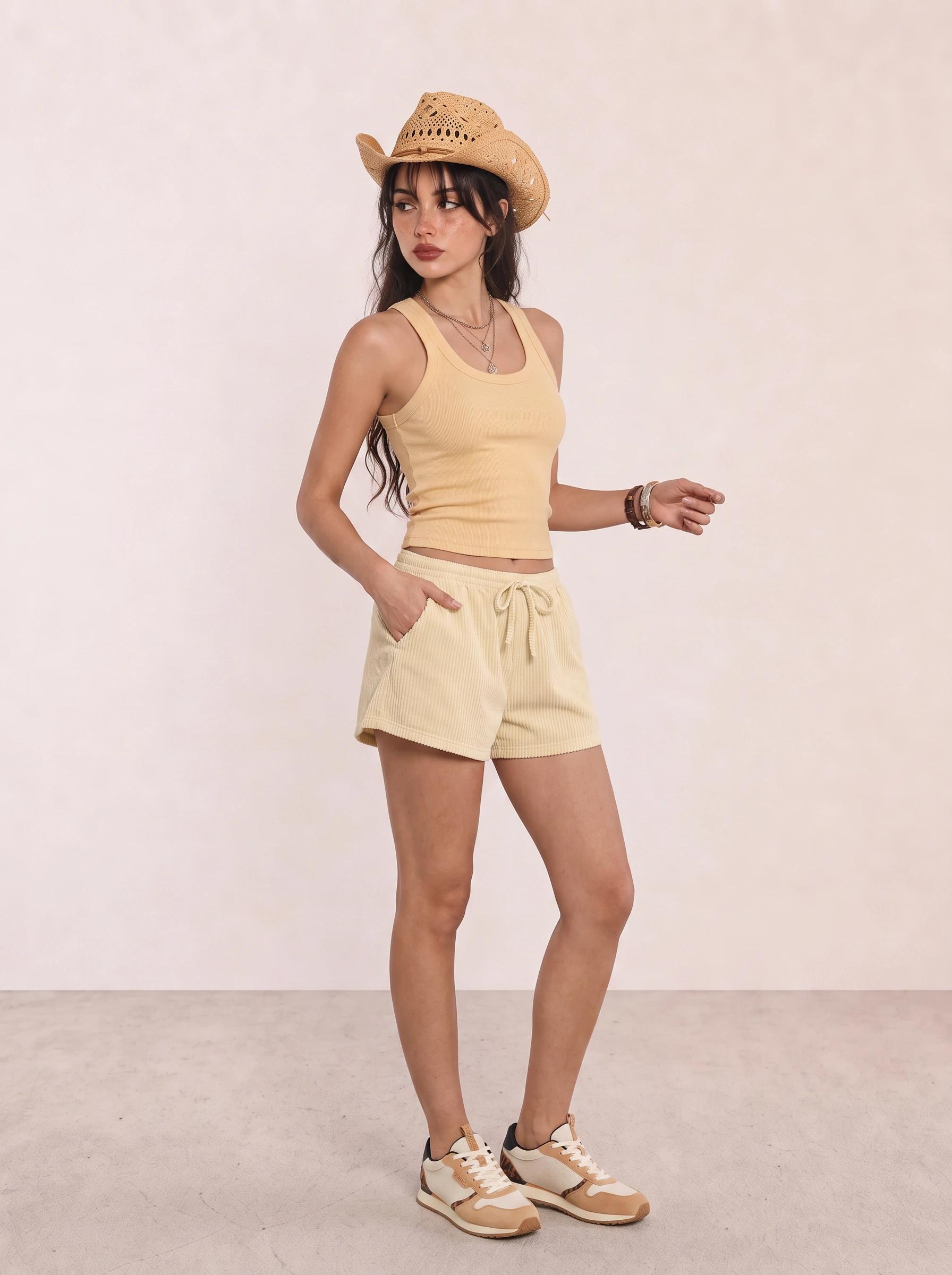 Yellow Tank and Striped Shorts Travel Outfit