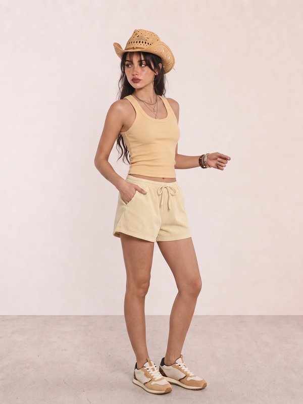 Yellow Tank and Striped Shorts Travel Outfit
