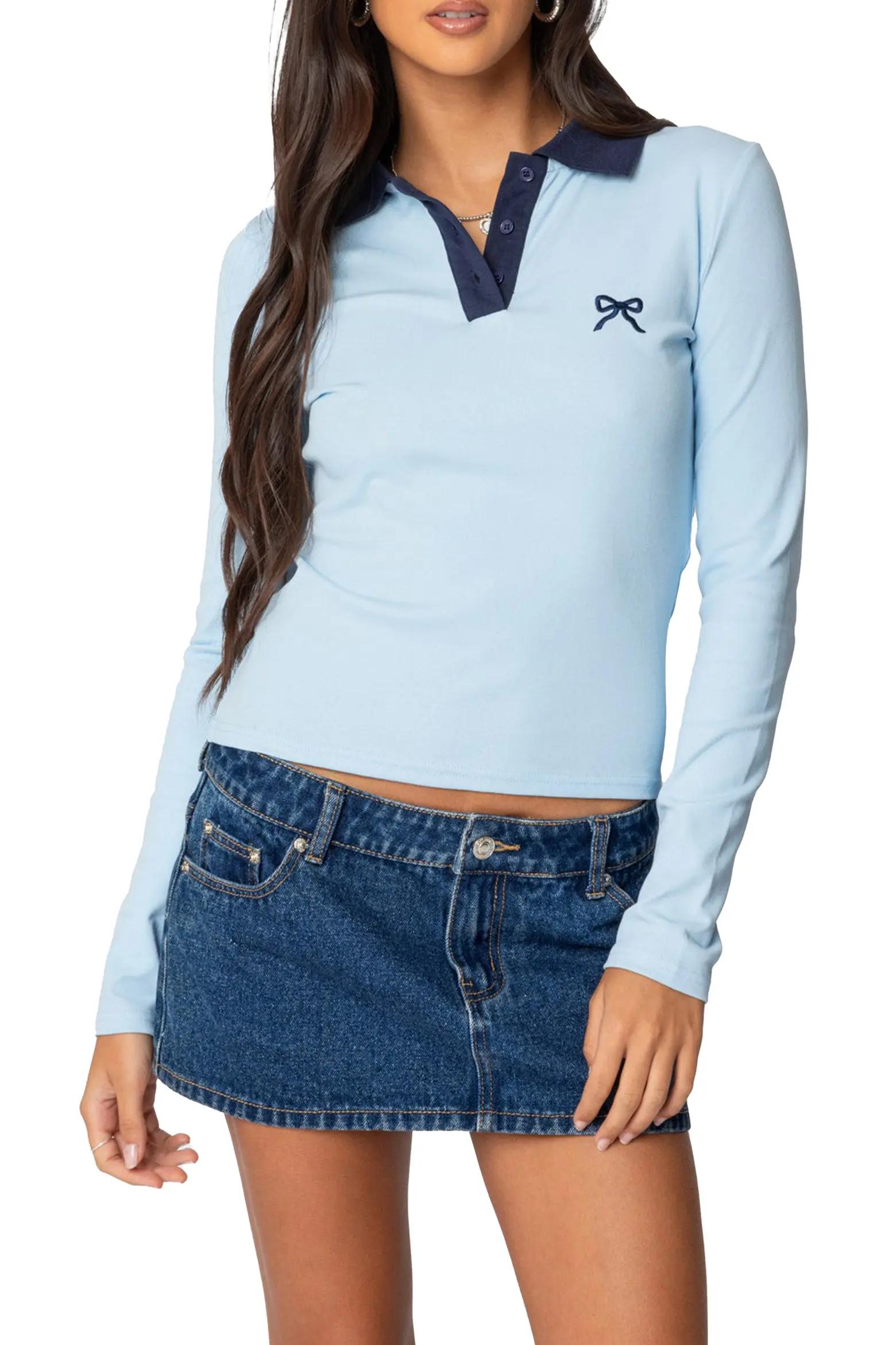 Light Blue Contrast-Collar Top