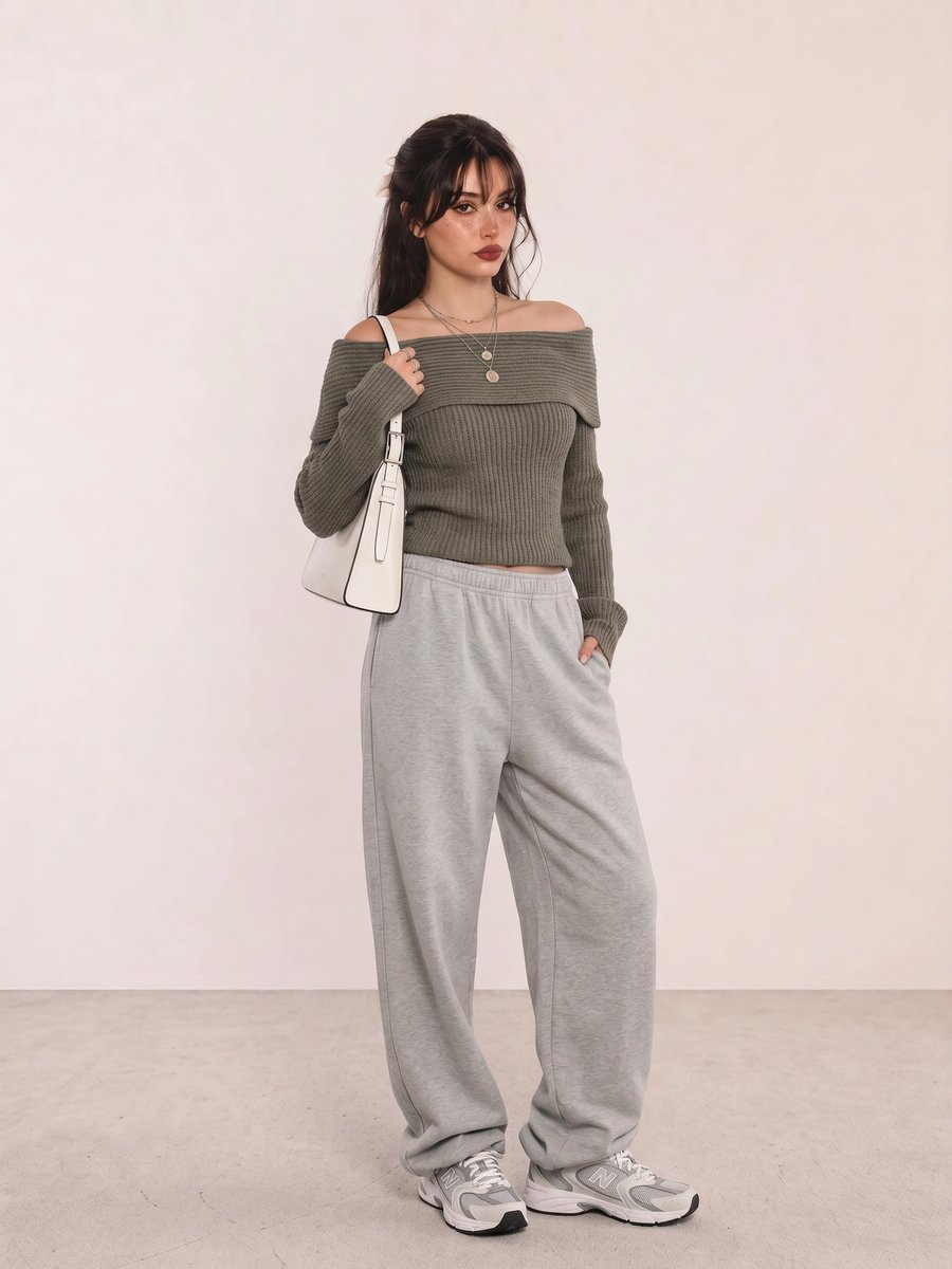 Korean fashion outfit with a khaki off-shoulder top, grey jogger pants, and white sneakers