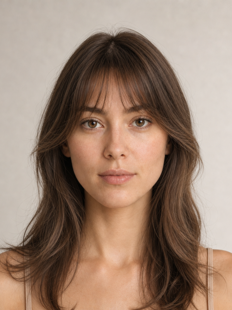 Front view of a woman with curtain bangs and long layered hair, a hairstyle suited to diamond face shapes