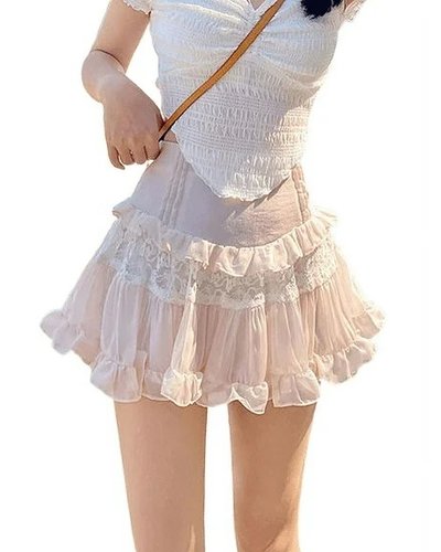 Pink Lace Patchwork Ruffle Mini Skirt