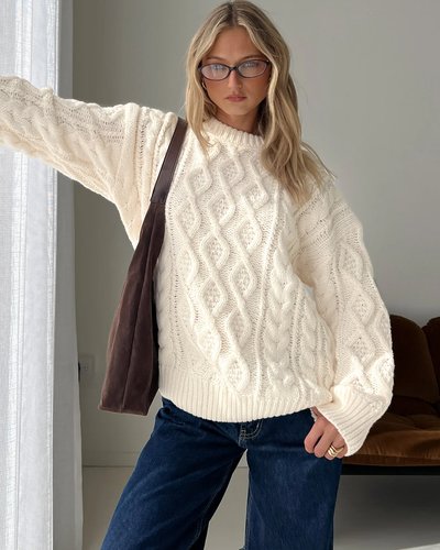 Cream Cable-Knit Turtleneck Sweater