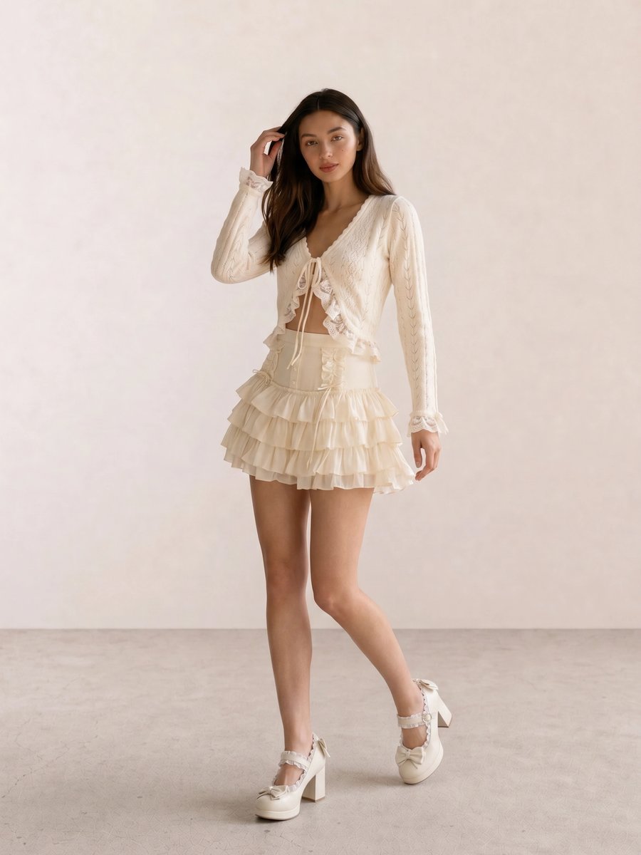 Ivory lace ruffle tie-front blouse with tiered ruffle mini skirt and white platform Mary Janes