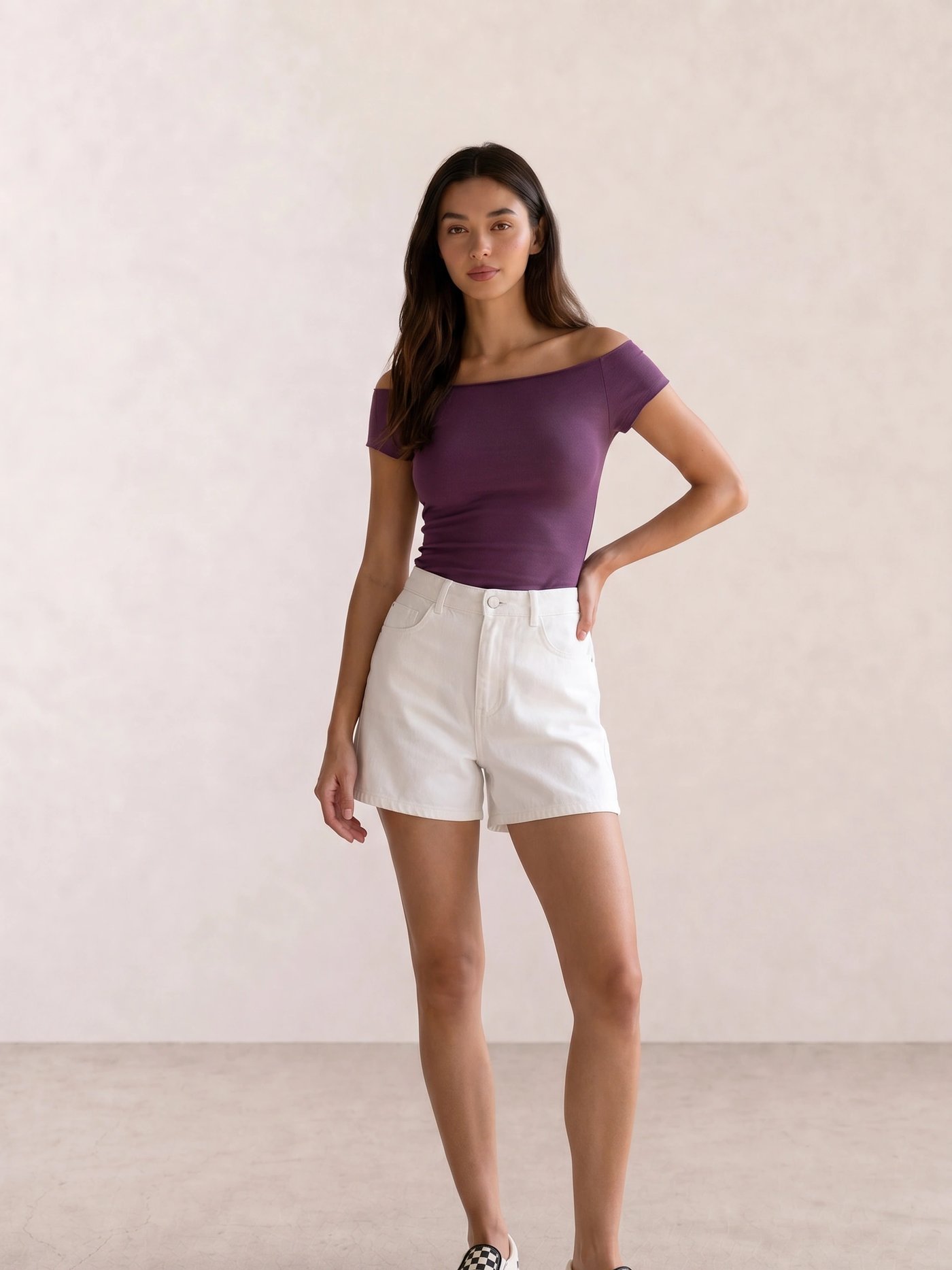 Plum Off-Shoulder Top & White Denim Shorts