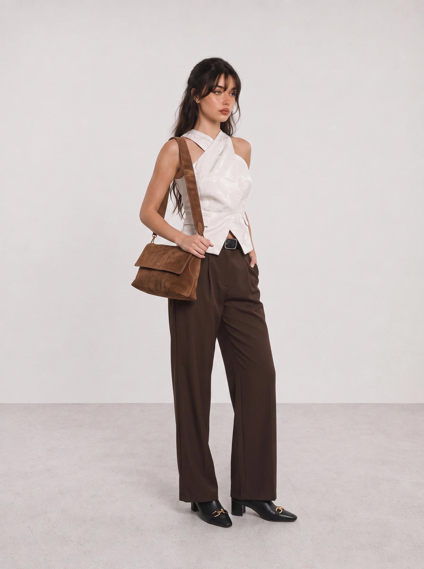 White Sleeveless Blouse and Brown Trousers Office Outfit