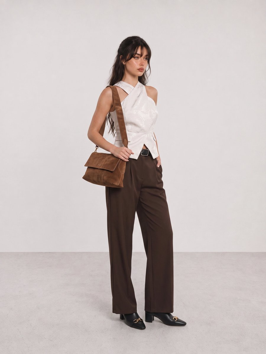 Woman wearing a white sleeveless blouse, brown trousers, black ankle boots, and a brown shoulder bag