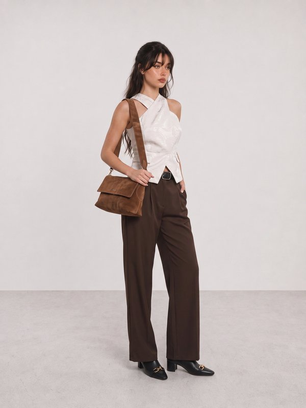 White Sleeveless Blouse and Brown Trousers Office Outfit