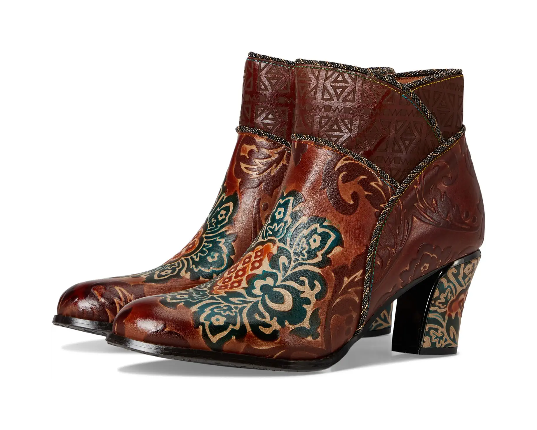 Brown Floral Embroidered Ankle Boots