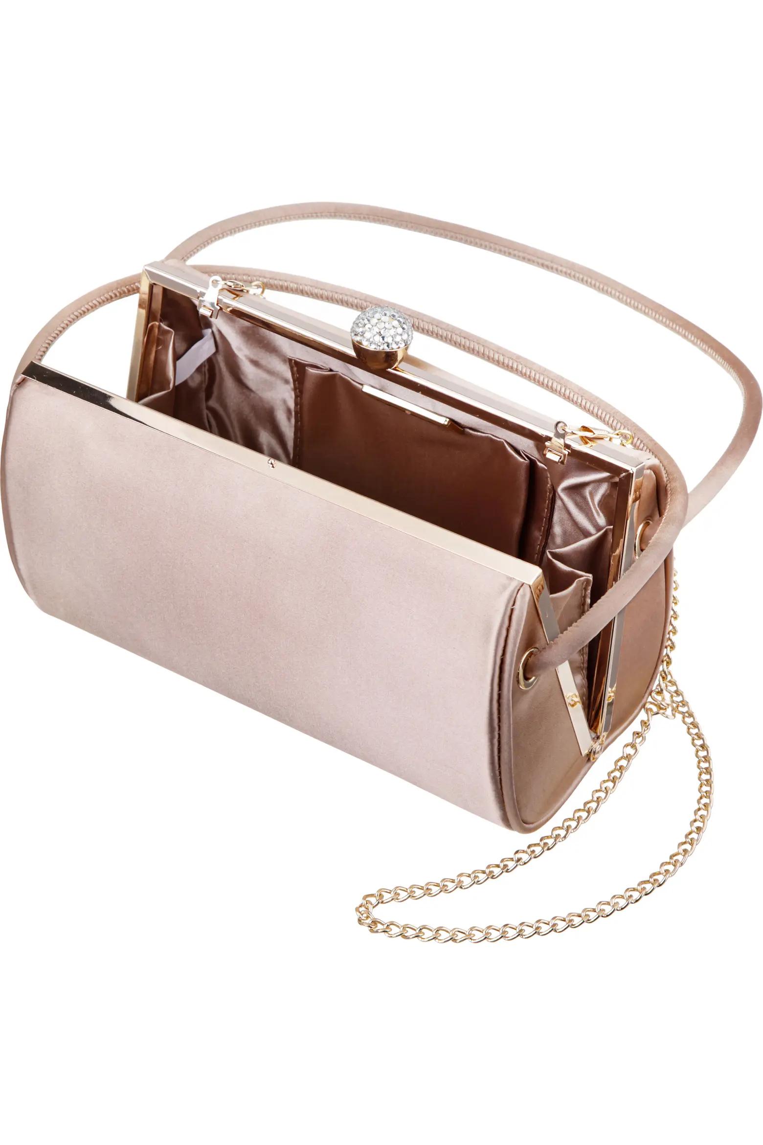 Taupe Satin Box Clutch with Chain