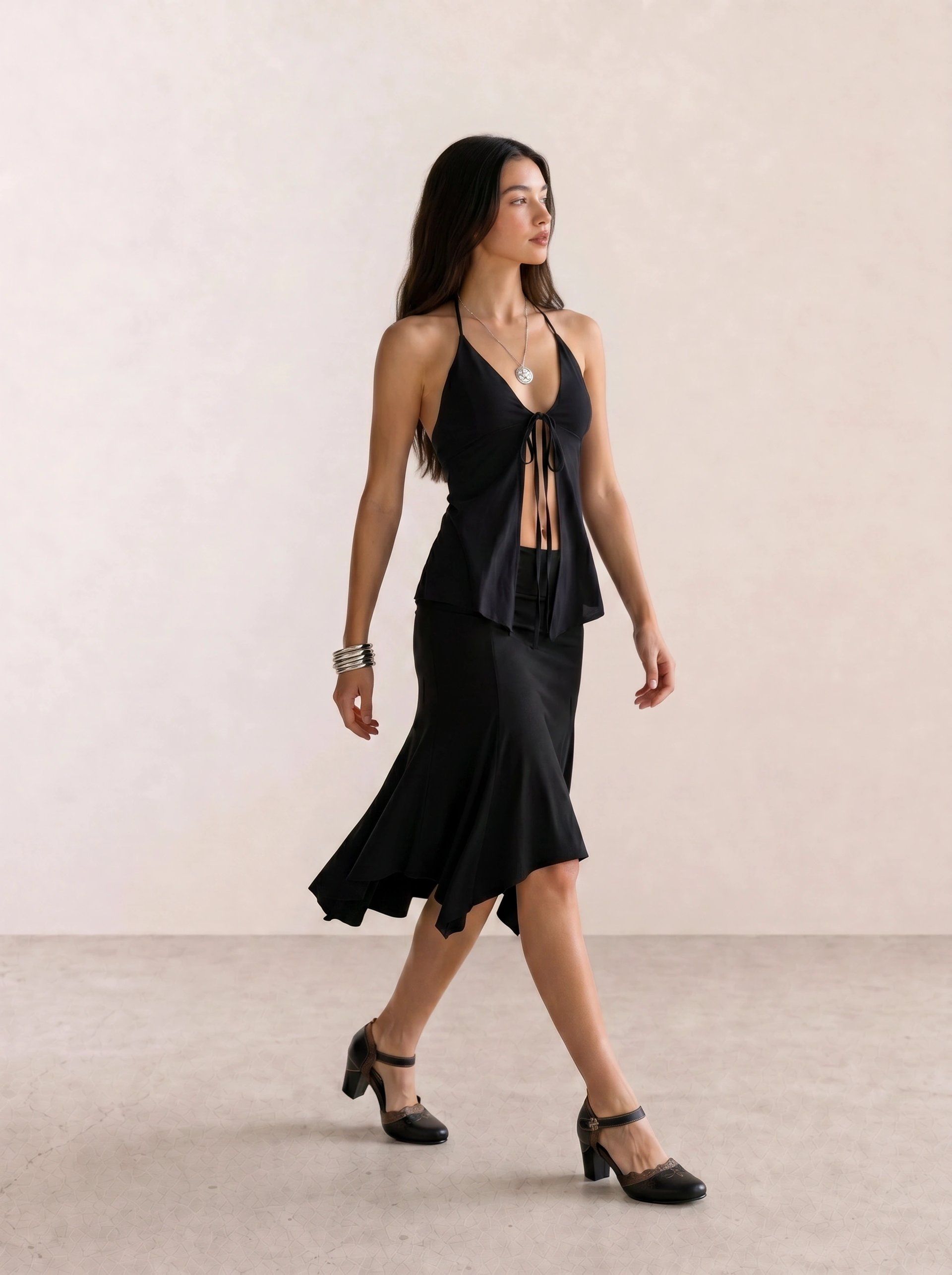 Halter Tie Top & Handkerchief Hem Midi Skirt