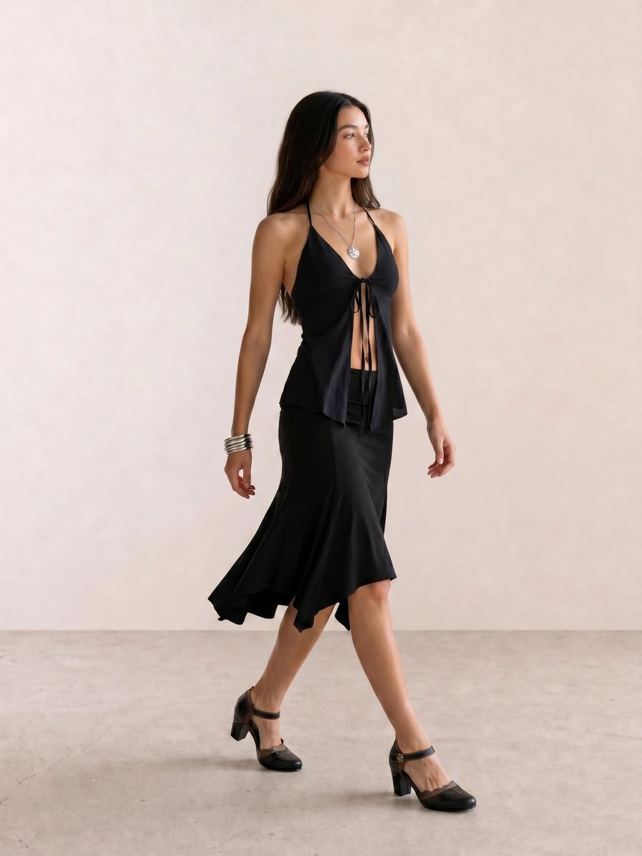 Black outfit with a halter tie-front top, handkerchief hem midi skirt, and embroidered Mary Jane heels