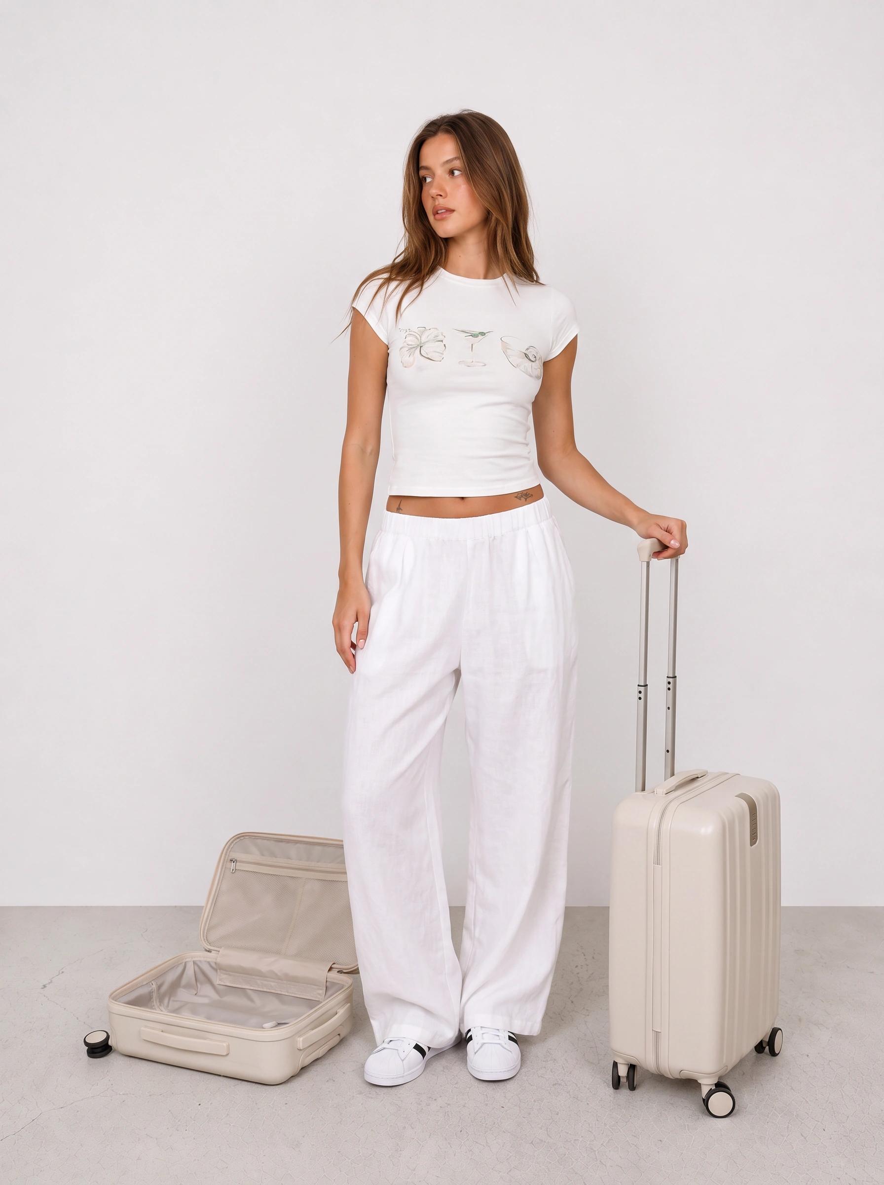 White Graphic Tee and Linen Travel Trousers Outfit