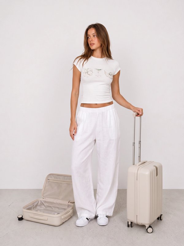 White Graphic Tee and Linen Travel Trousers Outfit