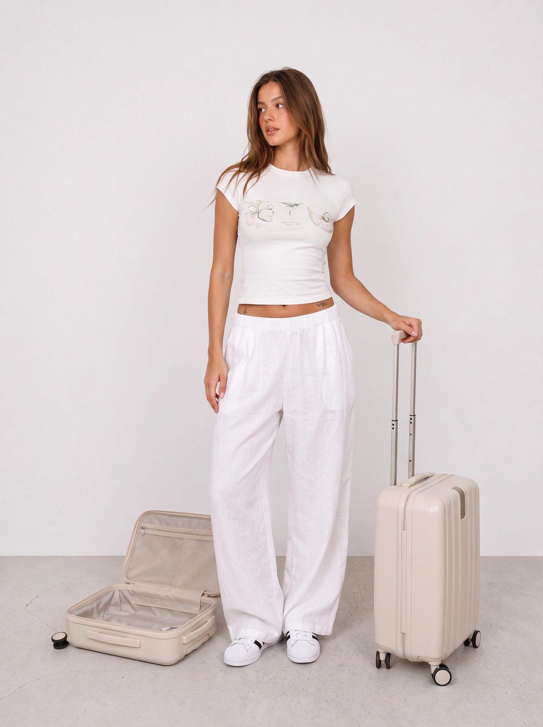 White Graphic Tee and Linen Travel Trousers Outfit