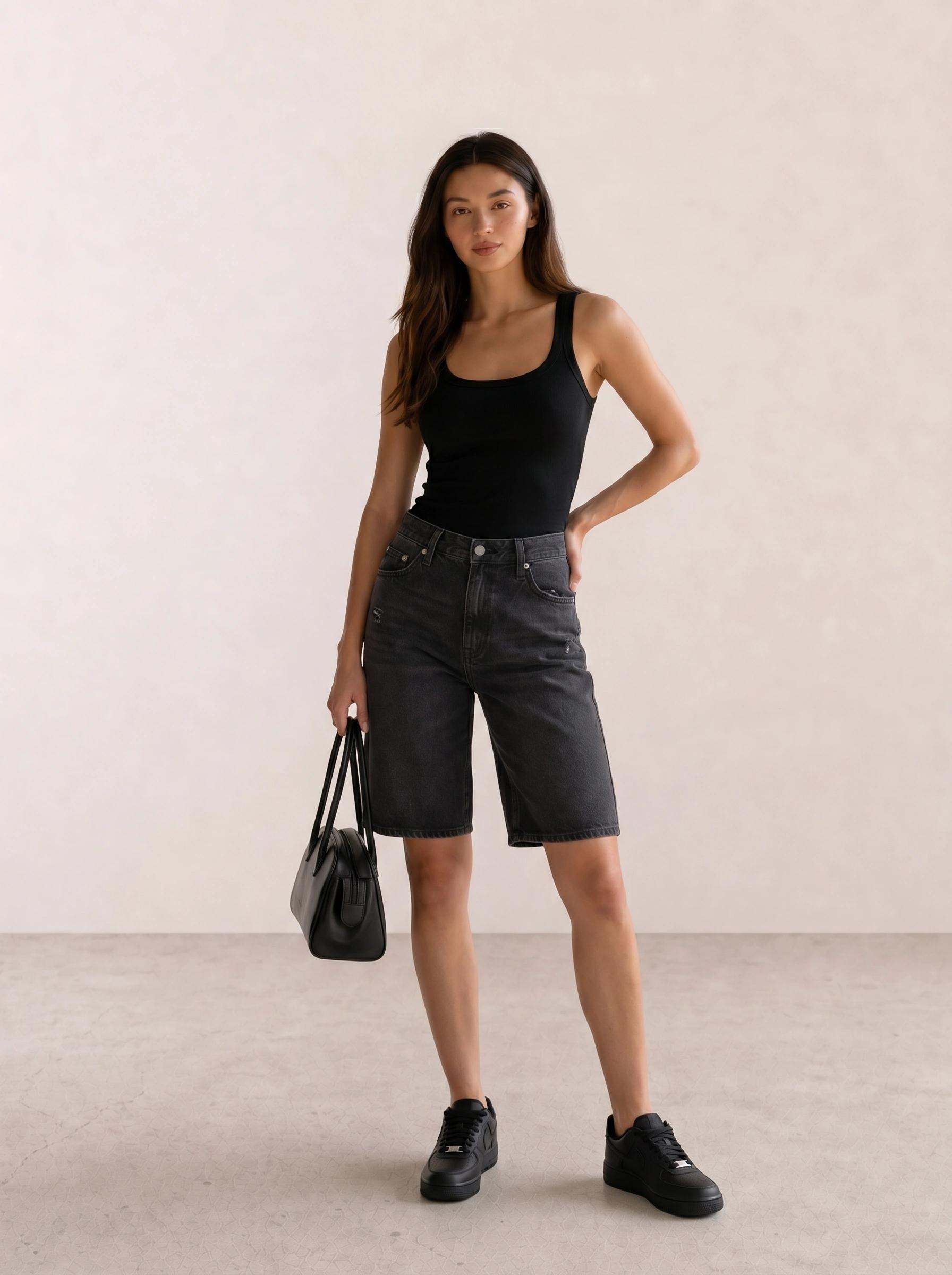 Black Tank & Washed Denim Bermuda Shorts