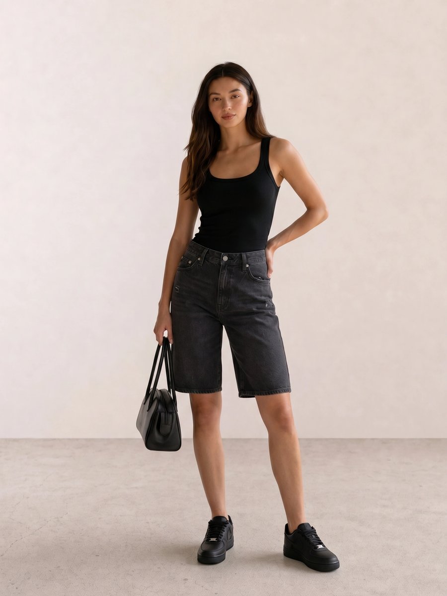 Black summer outfit with a ribbed tank top, washed black denim bermuda shorts, leather bag, and black sneakers