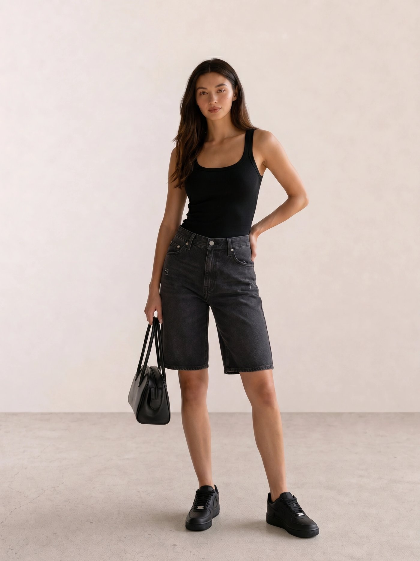Black Tank & Washed Denim Bermuda Shorts