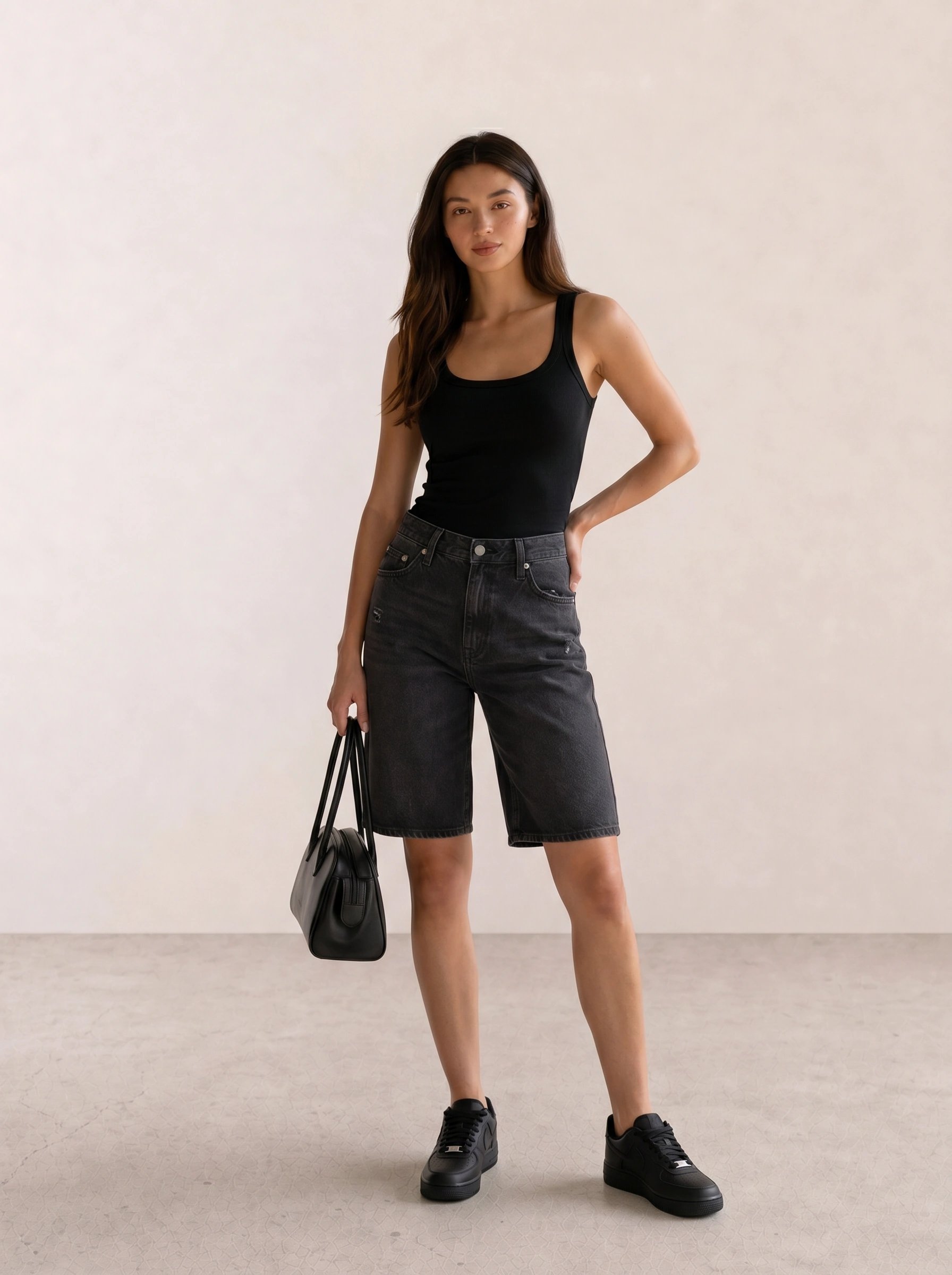 Black Tank & Washed Denim Bermuda Shorts