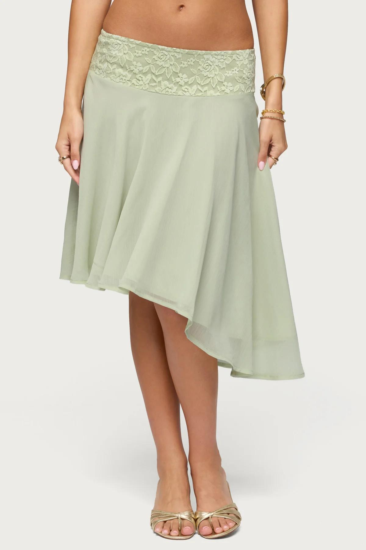 Mint Lace-Waist Asymmetric Midi Skirt