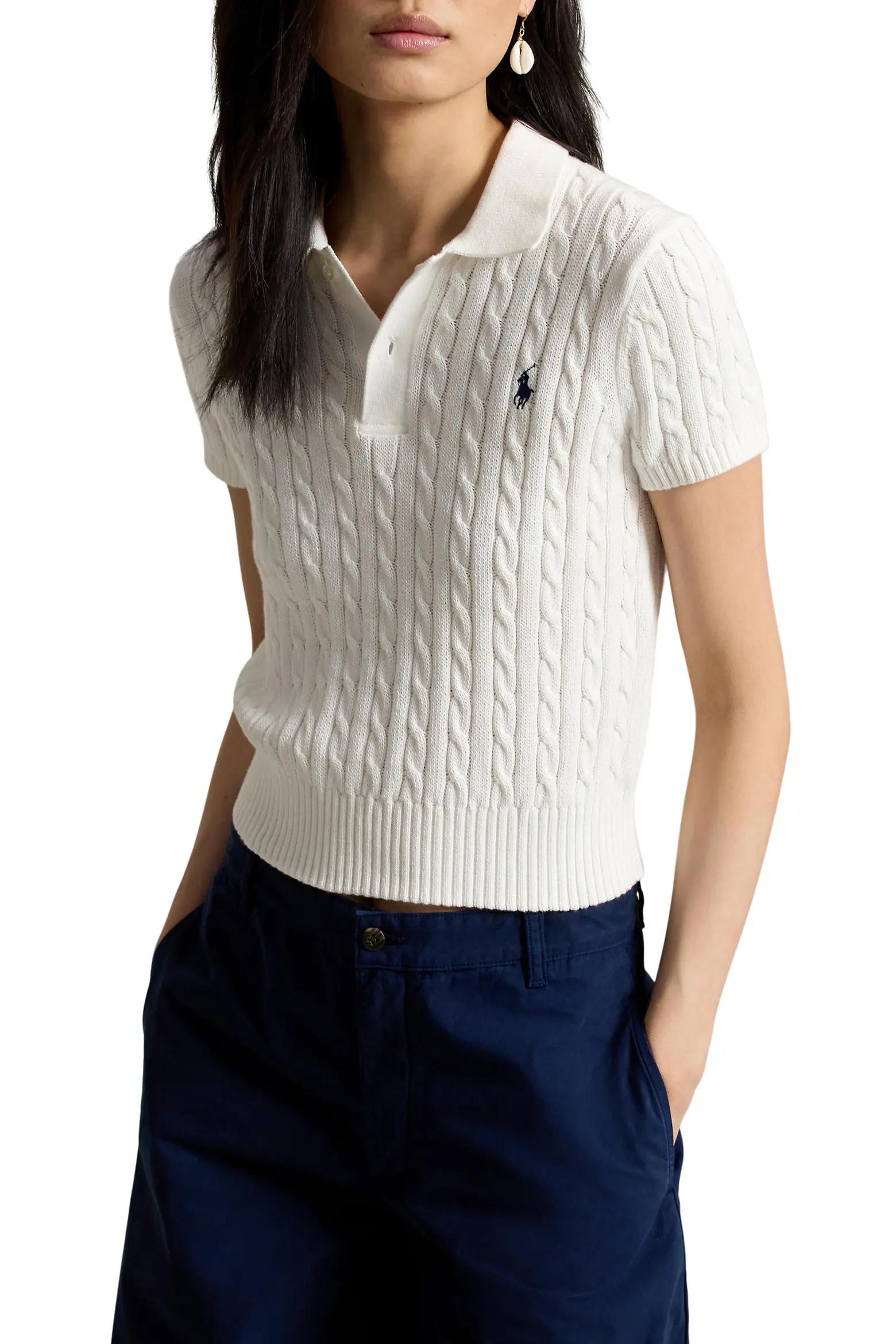 Ivory Cable-Knit Polo Top
